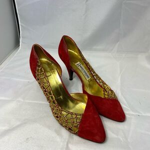 Vintage Mario Giordano Shoes Womens Size 5.5 Red Gold Sling Back 3" Heels